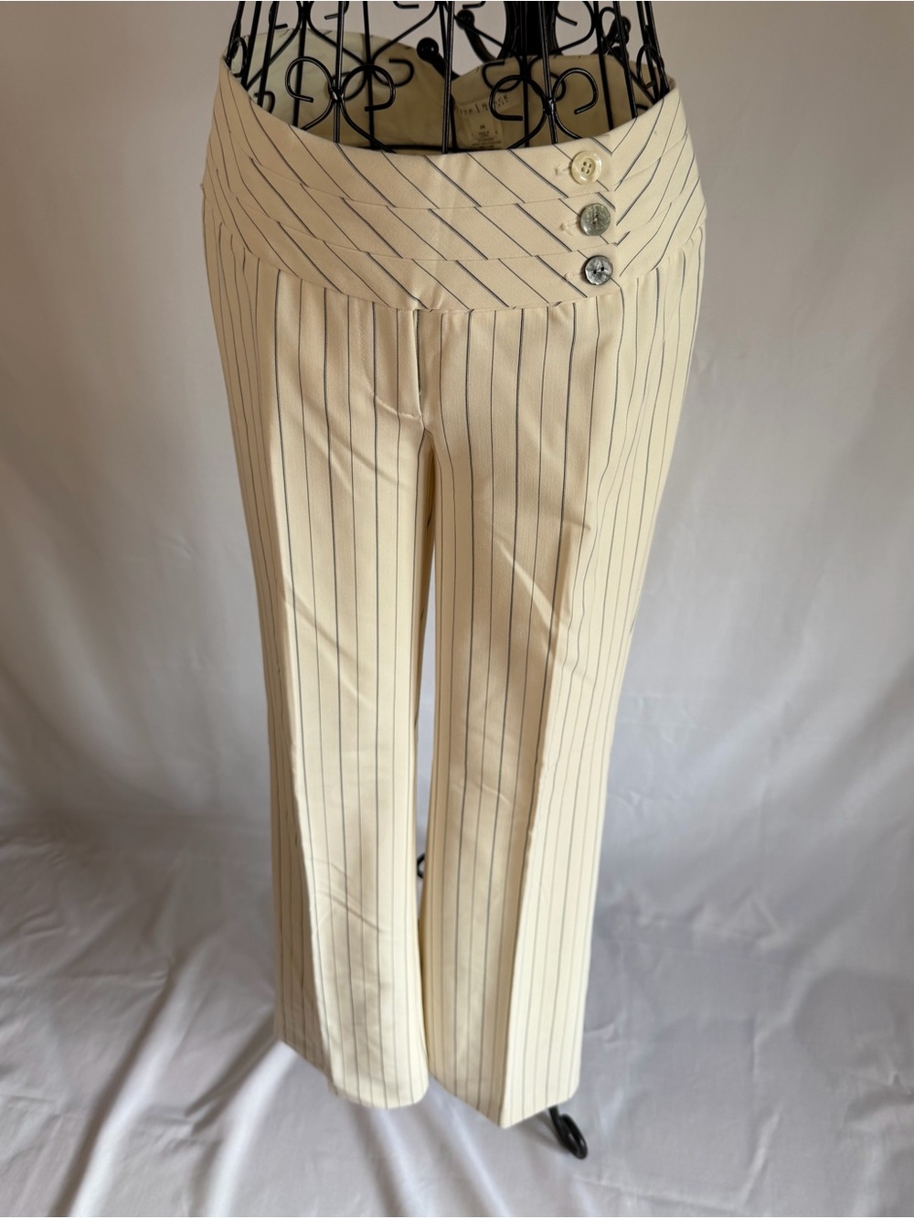 WHBM Cream Pinstripe Wide-Leg Pants with Asymmetric Button Waist